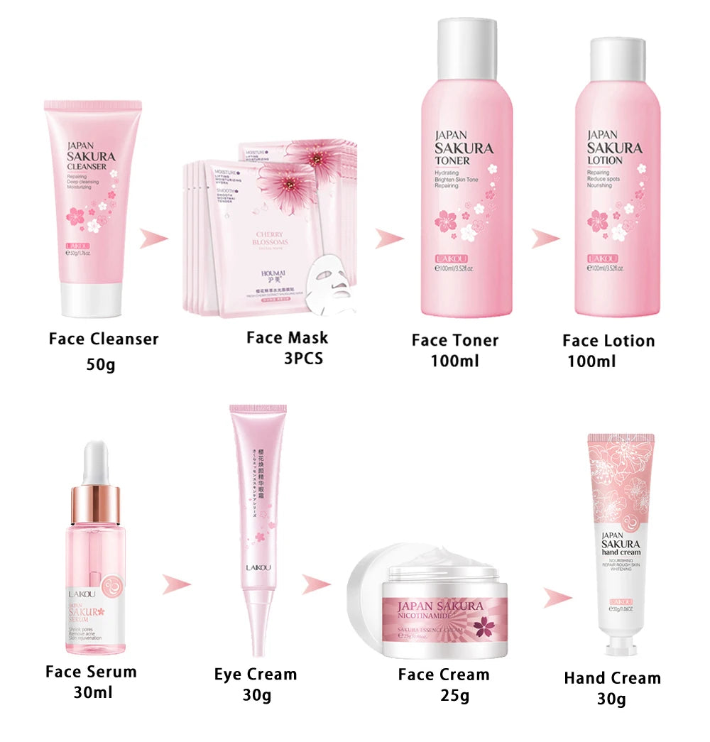 Facial Products Kit Sakura Skin Care Set Facial Cleanser Face Cream Fade Dark Circles Eye Cream Korean Skincare Products