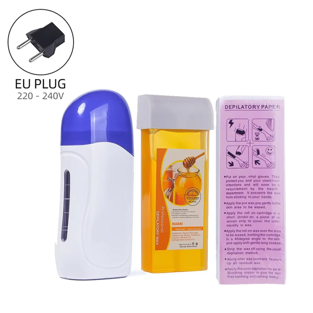 Honey Epilatory Waxing Kit Depilatory Roll on Wax Heater Machine with Refillable Wax Cream&100Pcs Waxing Papers for Hair Removal