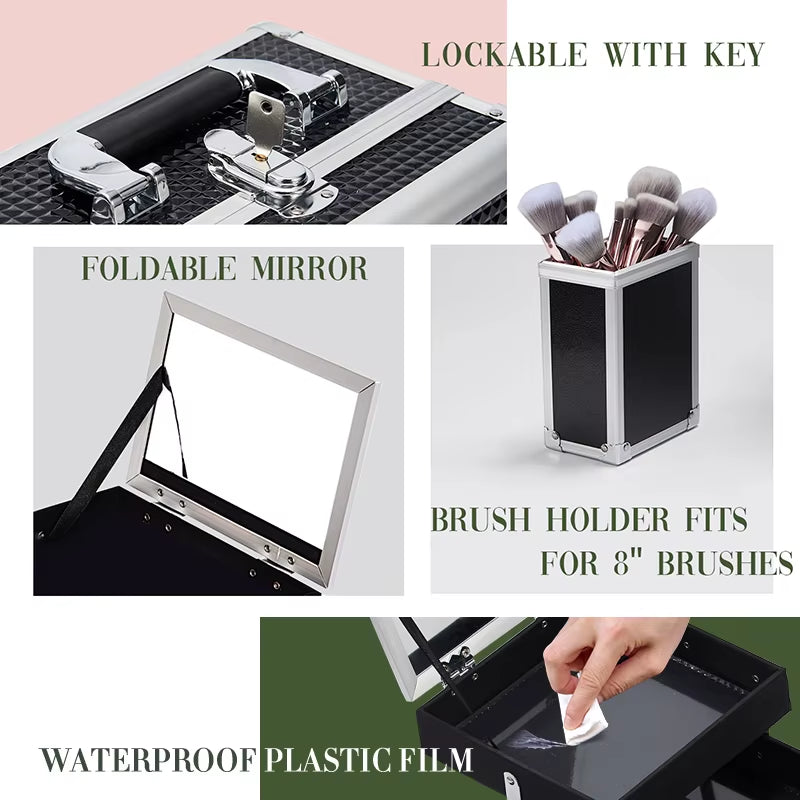 Professional Makeup Suitcase Portable Large Capacity Make up Case Box with Cosmetic Brushes Holder Mirror Lockable