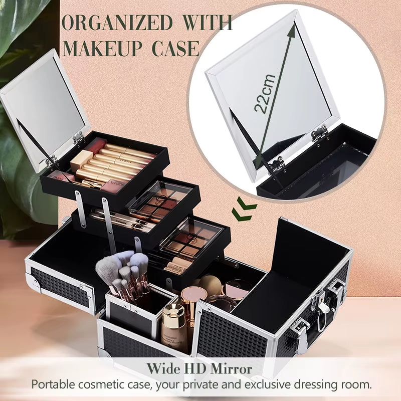 Professional Makeup Suitcase Portable Large Capacity Make up Case Box with Cosmetic Brushes Holder Mirror Lockable