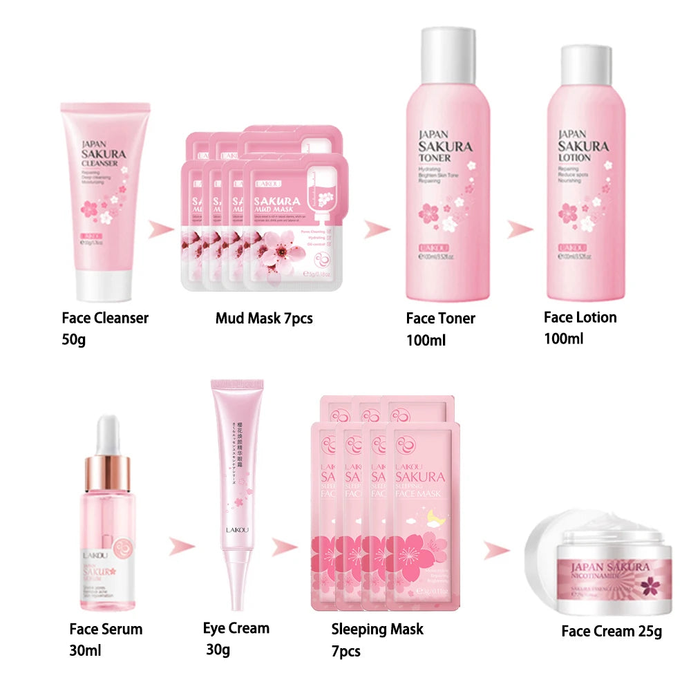 Facial Products Kit Sakura Skin Care Set Facial Cleanser Face Cream Fade Dark Circles Eye Cream Korean Skincare Products