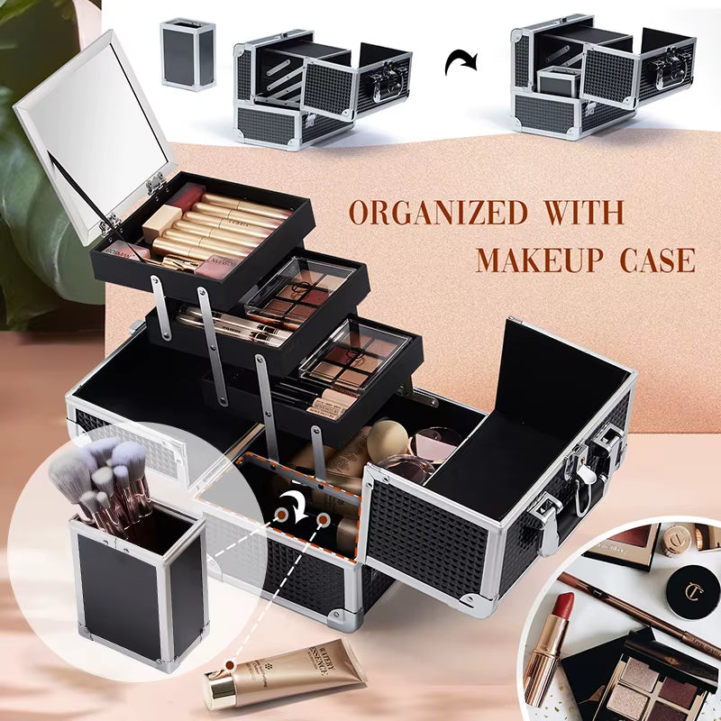 Professional Makeup Suitcase Portable Large Capacity Make up Case Box with Cosmetic Brushes Holder Mirror Lockable