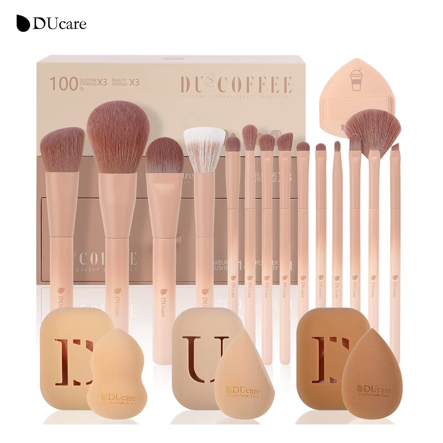 14PCS Makeup Brush Set Professional Luxury Cosmetic COFFEE Foundation Blush Eyeshadow Brushes with 3Pcs Makeup Sponge