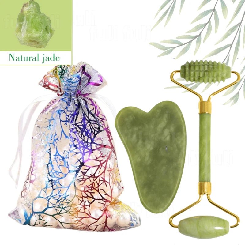 Natural Jade Roller Gua Sha Set Massager for Face Gouache Scraper Roller Set Facial Skin Care Beauty Health Massage Tools