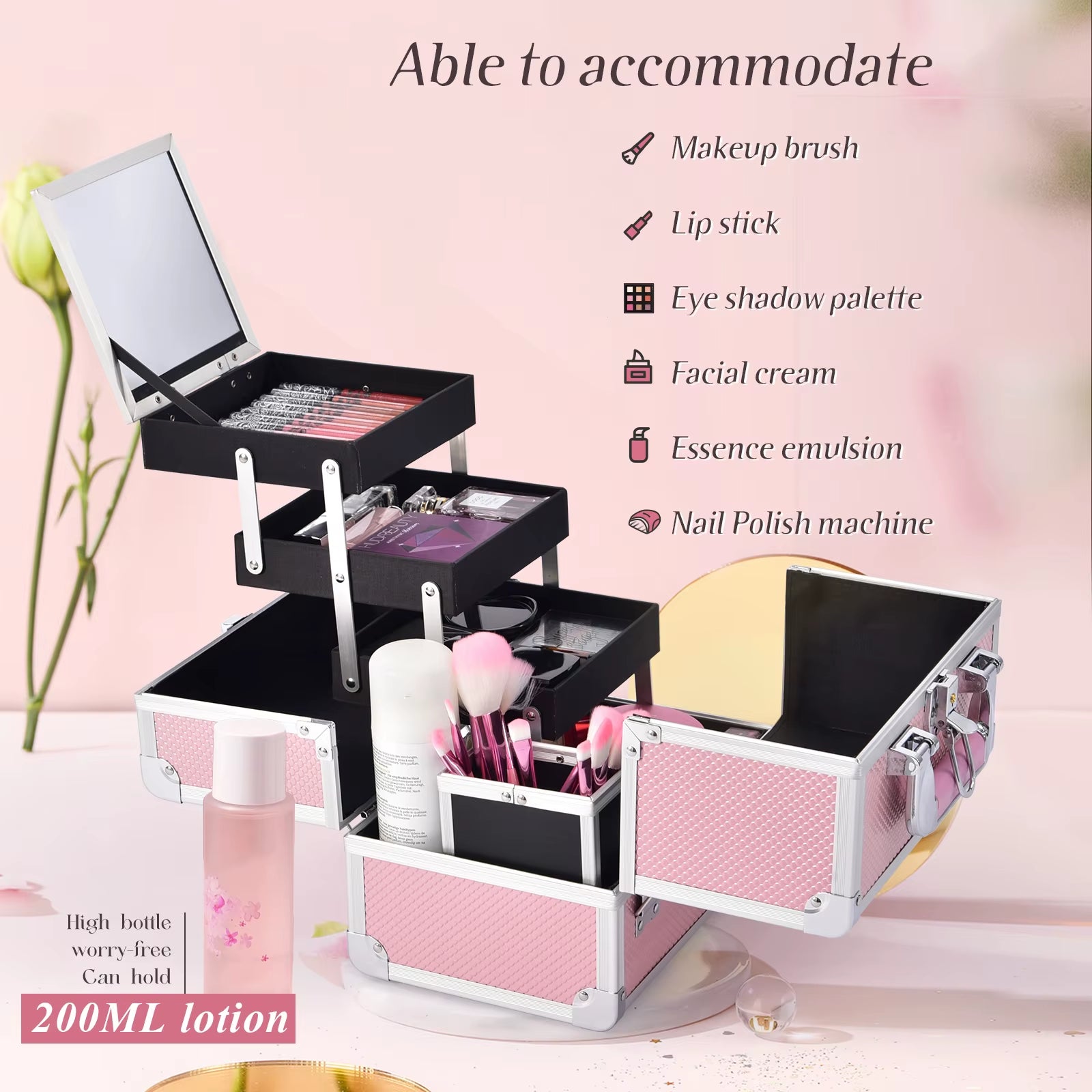 Professional Makeup Suitcase Portable Large Capacity Make up Case Box with Cosmetic Brushes Holder Mirror Lockable