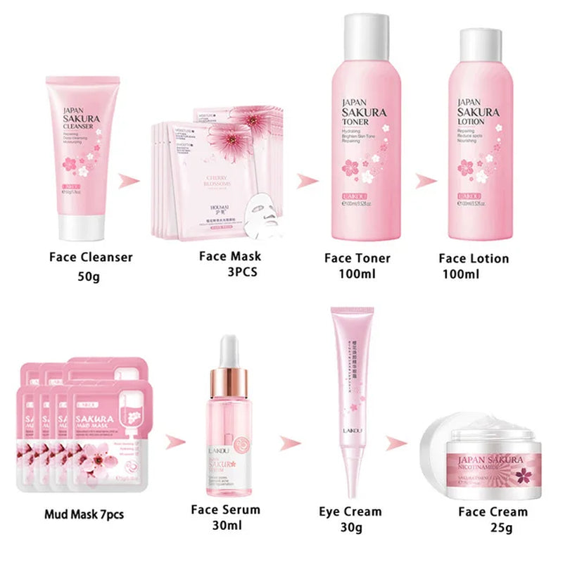 Facial Products Kit Sakura Skin Care Set Facial Cleanser Face Cream Fade Dark Circles Eye Cream Korean Skincare Products