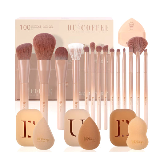 14PCS Makeup Brush Set Professional Luxury Cosmetic COFFEE Foundation Blush Eyeshadow Brushes with 3Pcs Makeup Sponge