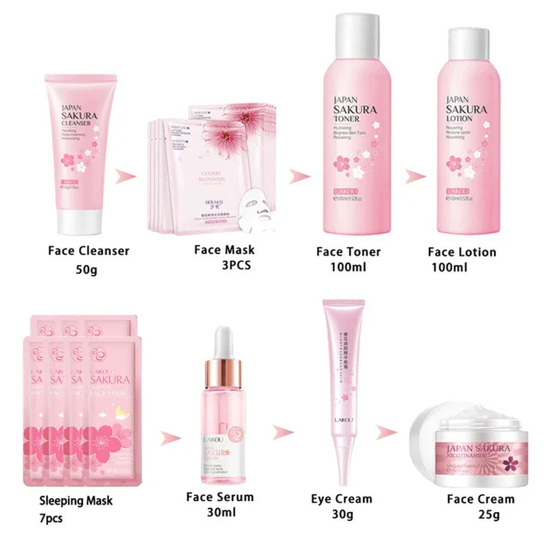 Facial Products Kit Sakura Skin Care Set Facial Cleanser Face Cream Fade Dark Circles Eye Cream Korean Skincare Products