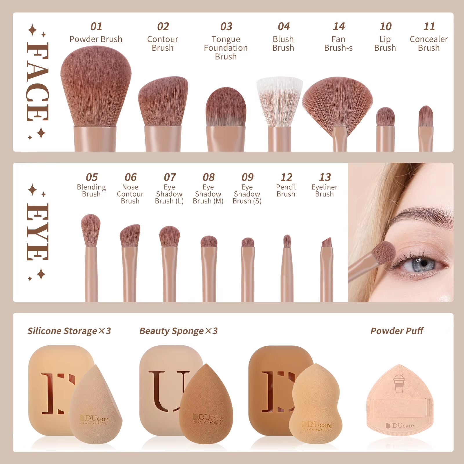 14PCS Makeup Brush Set Professional Luxury Cosmetic COFFEE Foundation Blush Eyeshadow Brushes with 3Pcs Makeup Sponge